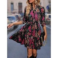 Women's Work Dress A Line Dress Fashion Office Daily Workfashion Mini Dress Patchwork Asymmetrical Shirt Collar Long Sleeve Floral Regular Fit Fuchsia Spring Fall S M L XL XXL Lightinthebox - thumbnail