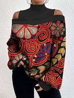 Women's Retro Printed Off Shoulder Lantern Sleeve Long Sleeve Top