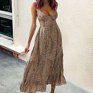 Women's A Line Dress Maxi long Dress Brown Sleeveless Leopard Backless Print Summer V Neck Casual 2021 S M L XL XXL 3XL / Cotton miniinthebox