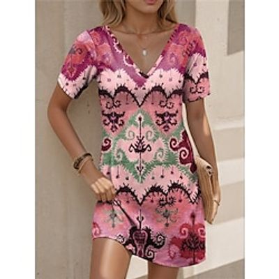 Women's Vintage Dress Casual Dress Tribal Print V Neck Mini Dress Vintage Ethnic Holiday Date Short Sleeve Regular Fit Pink Blue Green Summer Spring S M L XL XXL Lightinthebox