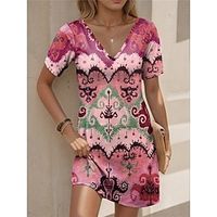 Women's Vintage Dress Casual Dress Tribal Print V Neck Mini Dress Vintage Ethnic Holiday Date Short Sleeve Regular Fit Pink Blue Green Summer Spring S M L XL XXL Lightinthebox - thumbnail