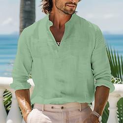 Men's Shirt Linen Shirt Guayabera Shirt Button Up Shirt Summer Shirt Beach Shirt White Green Khaki Long Sleeve Plain Band Collar Spring Summer Casual Daily Clothing Apparel Lightinthebox