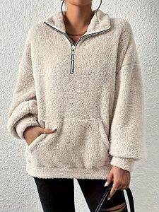Women's Loose Fleece Zipper Stand Collar Pocket Sweatshirt