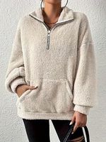 Women's Loose Fleece Zipper Stand Collar Pocket Sweatshirt - thumbnail