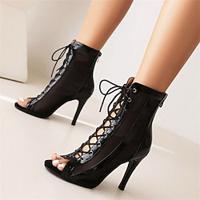 Women's Heels Sandals Boots Summer Boots Heel Boots Party Club Lace-up Stiletto Open Toe Fashion Microbial Leather Mesh Zipper Silver Black White Lightinthebox