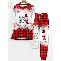 Women's Christmas Pajamas Sets Snowman Grid  Plaid Warm Comfort Soft Home Christmas Daily Fleece Warm Breathable Crew Neck Long Sleeve Pullover Pant Elastic Waist Fall Winter Wine Lightinthebox - thumbnail