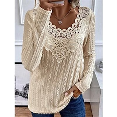 Women's Blouse Plain Khaki Lace Patchwork Long Sleeve Casual Going out Fashion Daily Round Neck Regular Fit Spring Lightinthebox