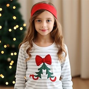 Christmas Girls' 3D Stripe Bow tie Tee Shirt Long Sleeve 3D Print Fall Winter Active Fashion Cute Polyester Kids 3-12 Years Crew Neck Outdoor Casual Daily Regular Fit miniinthebox