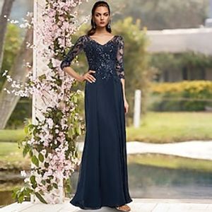 Sheath  Column Mother of the Bride Dress Elegant Sparkle  Shine V Neck Floor Length Chiffon Lace 34 Length Sleeve with Sequin Appliques 2022 Lightinthebox