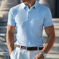 Men's Polo Shirt Waffle Polo Shirt Casual Holiday Lapel Ribbed Polo Collar Short Sleeve Fashion Basic Plaid Button Soft Summer Spring Regular Fit Light Blue Polo Shirt Lightinthebox