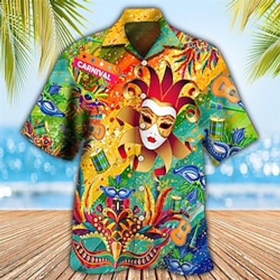 Graphic Mask Hawaiian Casual Men's Shirt Button Up Shirt Casual Shirt Daily Wear Vacation Festival Spring  Summer Lapel Short Sleeves Orange S, M, L Polyester Shirt Carnival Lightinthebox