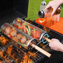 2pcs/set Nesting Grill Baskets with Removable Wooden Handle, 304 Stainless Steel, Rolling Grilling Tube Net Mesh Accessories for Vegetables Shrimp, Gifts for Men Dad Husband, Outdoor BBQ Camping Picni Lightinthebox