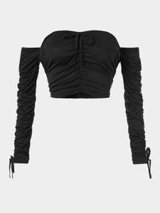 Black Shirred Off The Shoulder Long Sleeves Crop Top