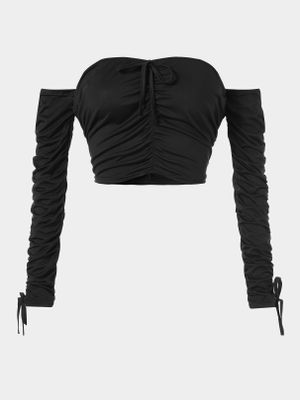 Black Shirred Off The Shoulder Long Sleeves Crop Top