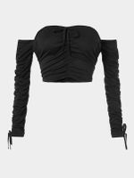 Black Shirred Off The Shoulder Long Sleeves Crop Top - thumbnail