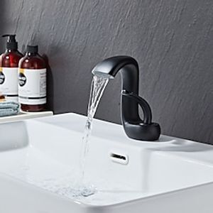 Waterfall Bathroom Sink Mixer Faucet Deck Mount, Mono Wash Basin Single Handle Basin Taps Washroom with Hot and Cold Hose, Monobloc Vessel Water Brass Tap Black White Chrome Brushed miniinthebox