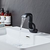 Waterfall Bathroom Sink Mixer Faucet Deck Mount, Mono Wash Basin Single Handle Basin Taps Washroom with Hot and Cold Hose, Monobloc Vessel Water Brass Tap Black White Chrome Brushed miniinthebox - thumbnail