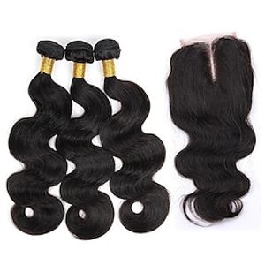 3 Bundles with Closure Hair Weaves Brazilian Hair Body Wave Human Hair Extensions Remy Human Hair Hair Weft with Closure 10-22 inch Natural Women Youth  Daily Wear Lightinthebox