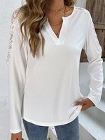 Long Sleeves Lace Paneled V Neck Solid T-shirts