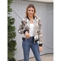 Women's Bomber Jacket Zip up Jacket Floral Print Stand up Collar Warm Stylish Sporty Minimalist Jacket Long Sleeve with Pockets Gray Lightinthebox - thumbnail