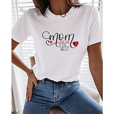 Women's Painting T shirt Heart Text Print Round Neck Basic Tops White Black miniinthebox