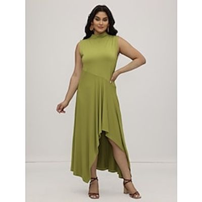 Women's Plus Size Curve Casual Dress Swing Dress A Line Dress Plain Long Dress Maxi Dress Sleeveless Ruffle Plus High Low Stand Collar Fashion Daily Green Summer Spring Wedding Guest Dress Lightinthebox