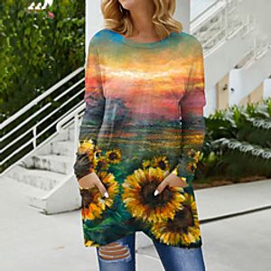 Women's Floral Theme 3D Printed Painting T shirt 3D Sunflower Pocket Print Round Neck Basic Tops Green Lightinthebox