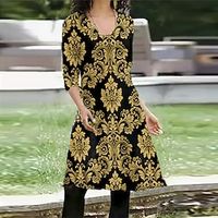 Women's Casual Dress T Shirt Dress Tee Dress Short Mini Dress Yellow Long Sleeve Floral Pocket Print Fall Winter V Neck Vacation Casual 2022 S M L XL XXL 3XL Lightinthebox - thumbnail
