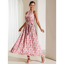 Women's Chiffon Floral Ruched Pleated Tie Neck Midi Dress Party Sleeveless Summer Lightinthebox