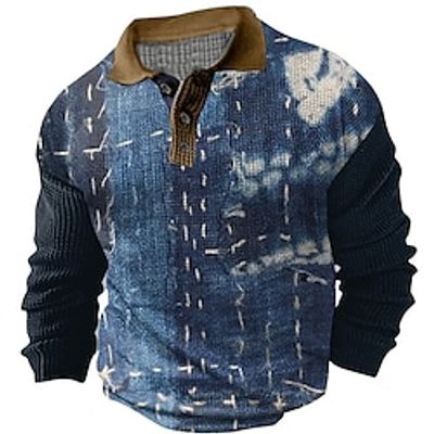 Color Block Men's Abstract Print 3D Waffle Polo Shirt Outdoor Casual Daily Streetwear Waffle Fabric Long Sleeve Turndown Polo Shirts Black Navy Blue Spring S M L Micro-elastic Lapel Polo Lightinthebox