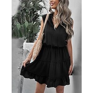 Women's Casual Dress T Shirt Dress Tee Dress Shift Dress Mini Dress Black Red Green Sleeveless Pure Color Ruched Fall Spring Autumn High Neck Fashion Daily 2023 S M L XL Lightinthebox