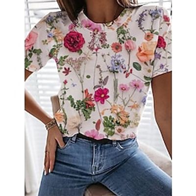 Women's T shirt Tee Flower Casual Daily Yellow Red Blue Print Short Sleeve Print Crew Neck Round Neck Regular Fit Spring Summer Lightinthebox