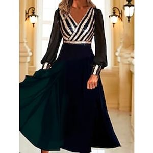 Women's Party Dress Swing Dress Midi Dress Navy Blue Long Sleeve Line Sequins Ruched Fall Winter V Neck Stylish Modern 2022 S M L XL XXL 3XL Lightinthebox