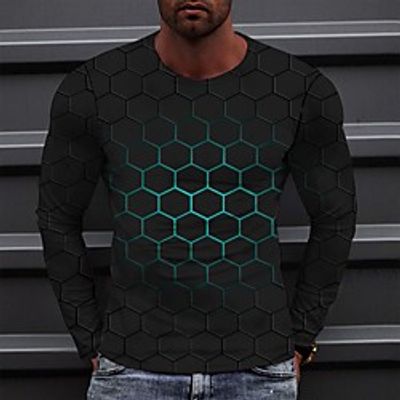 Men's Tee T shirt 3D Print Graphic Geometry Round Neck Casual Daily 3D Print Long Sleeve Tops Casual Fashion Classic Designer Green / Black miniinthebox