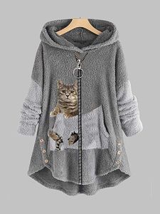 Casual Cat Print Plush Thermal Hooded Coat