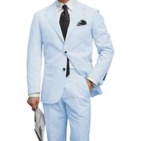 Blue Seersucker Men's Beach Wedding Derby Suits Solid Colored 2 Piece Standard Fit Single Breasted Two-buttons 2024 Lightinthebox