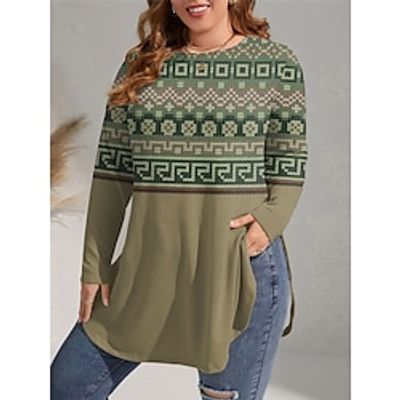 Women's Plus Size Curve Vintage Dress Casual Dress Winter Dress Geometric Mini Dress Long Sleeve Print Crew Neck African Outdoor Blue Purple Fall Winter L XL 2XL 3XL 4XL Lightinthebox