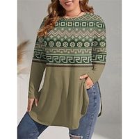 Women's Plus Size Curve Vintage Dress Casual Dress Winter Dress Geometric Mini Dress Long Sleeve Print Crew Neck African Outdoor Blue Purple Fall Winter L XL 2XL 3XL 4XL Lightinthebox - thumbnail