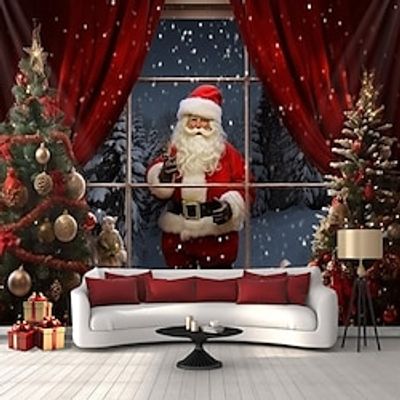 Christmas Santa Windowview Hanging Tapestry Wall Art Xmas Large Tapestry Mural Decor Photograph Backdrop Blanket Curtain Home Bedroom Living Room Decoration miniinthebox