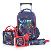 Eazy Kids 17 Inch Set Of 5 Trolley School Bag With Lunch Bag, Pencil Case, Lunch Box And Water Bottle - Gamer - Blue