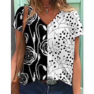 Women's Floral Theme Painting T shirt Floral Flower Print V Neck Basic Tops Black Lightinthebox