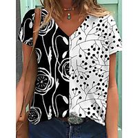 Women's Floral Theme Painting T shirt Floral Flower Print V Neck Basic Tops Black Lightinthebox - thumbnail