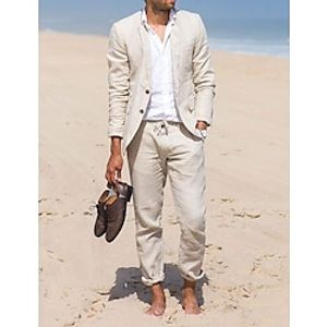 Beige Men's Beach Wedding Linen Suits Solid Colored 2 Piece Fashion Casual Tailored Fit Single Breasted Two-buttons 2023 miniinthebox