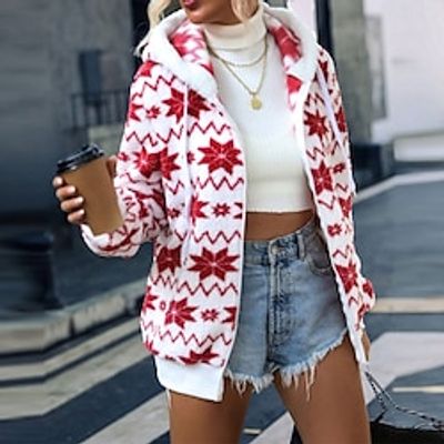 Women's Fleece Jacket Sherpa Jacket Teddy Coat Windproof Warm Christmas Street Daily Wear Vacation Zipper Pocket Print Zipper Hoodie Fashion Plush Modern Casual Snowflake Regular Fit Outerwear Long Lightinthebox