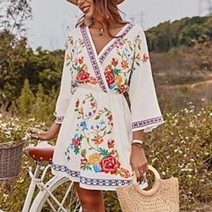 Women's A Line Dress Knee Length Dress White Black Pink 34 Length Sleeve Floral Print Fall Spring V Neck Vacation Vintage Boho 2022 S M L XL XXL Lightinthebox