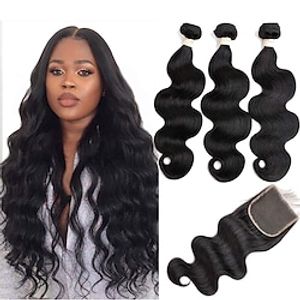 3 Bundles with Closure Hair Weaves Brazilian Hair Body Wave Human Hair Extensions Remy Human Hair 100% Remy Hair Weave Bundles 345 g Natural Color Hair Weaves / Hair Bulk Human Hair Extensions 8-20 miniinthebox