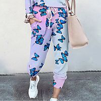 Women's Basic Soft Comfort Going out Gym Palazzo Pants Butterfly Gradient Full Length Elastic Drawstring Design Print Blushing Pink miniinthebox - thumbnail