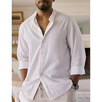 Men's Shirt Linen Shirt Button Up Shirt Summer Shirt Beach Shirt White Long Sleeve Plain Band Collar Spring Summer Casual Daily Clothing Apparel Lightinthebox