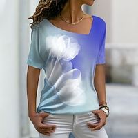 Women's T shirt Tee Floral Casual Weekend Floral Painting T shirt Tee Short Sleeve Print V Neck Basic Essential Green Blue Purple S / 3D Print miniinthebox - thumbnail