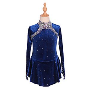 Figure Skating Dress Women's Girls' Ice Skating Dress Dark Navy Asymmetric Hem Spandex Velvet High Elasticity Training Competition Skating Wear Patchwork Solid Color Crystal  Rhinestone Long Sleeve Lightinthebox